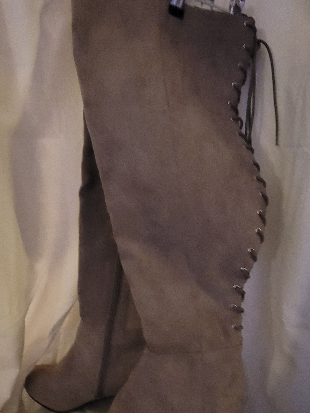 Women's Taupe Grey Lace-Up Faux Suede Over The Knee Boots